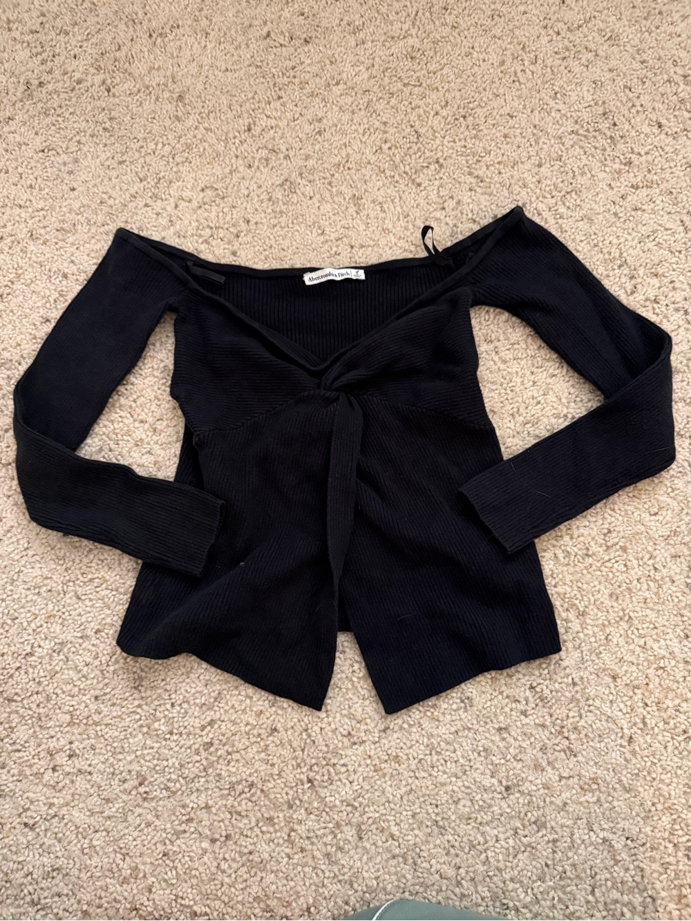 Abercrombie & Fitch Black Off-Shoulder Tie-Front Ribbed Sweater